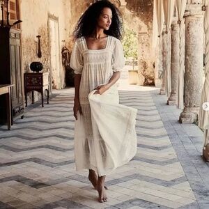 DÔEN Colline Dress Small White Voile Cotton Romantic Maxi Dress Lace Embroidered